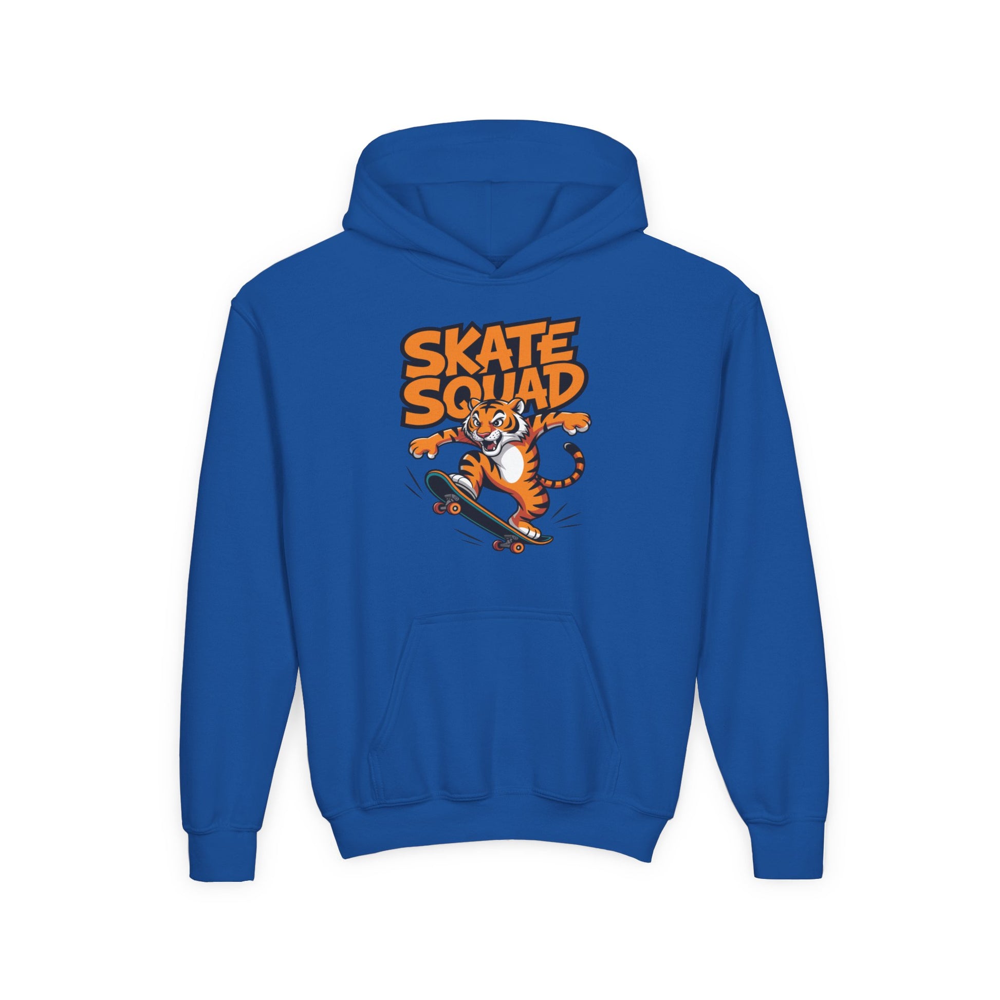 Youth hoodie with Skate Squad cartoon tiger skater graphic TEEZOCA