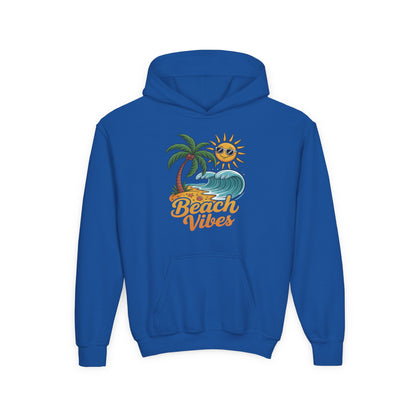 Kids hoodie with Beach Vibes tropical sun and ocean wave design TEEZOCA