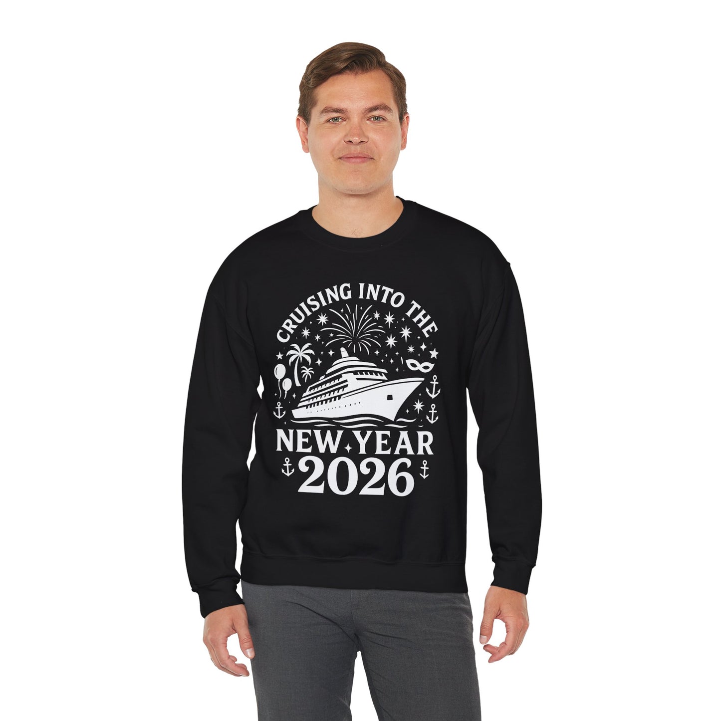Man wearing a black sweatshirt with New Year's Eve design on a white background