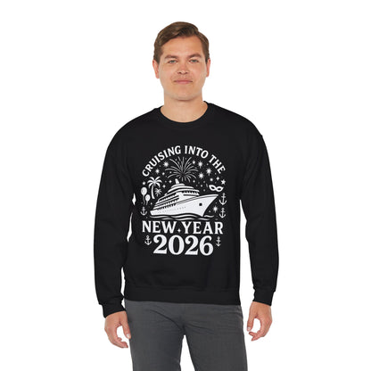 Man wearing a black sweatshirt with New Year's Eve design on a white background