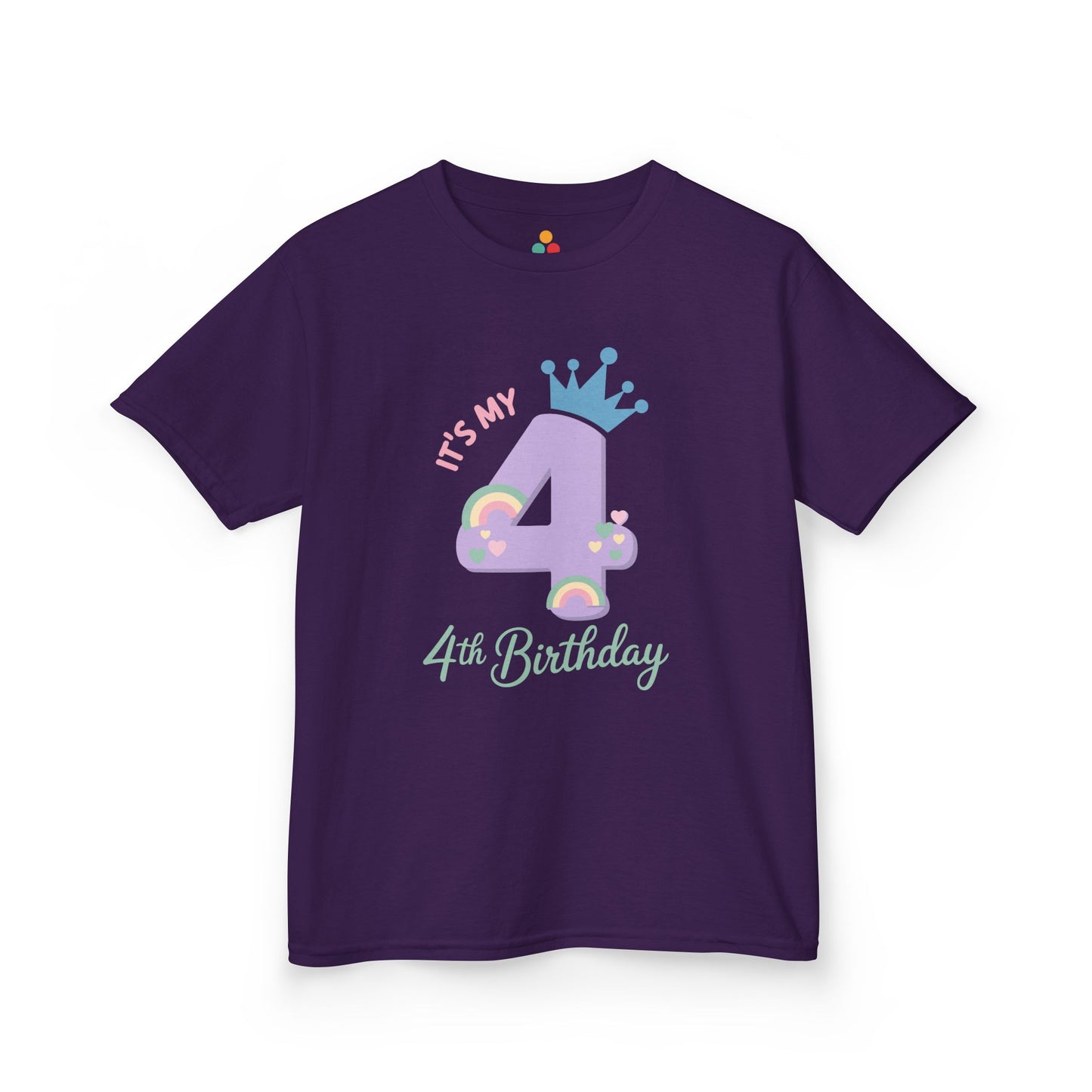 Purple kids’ t‑shirt with lavender 4, teal crown, pastel rainbows and hearts, and “It’s My 4th Birthday” text, flat front view.
