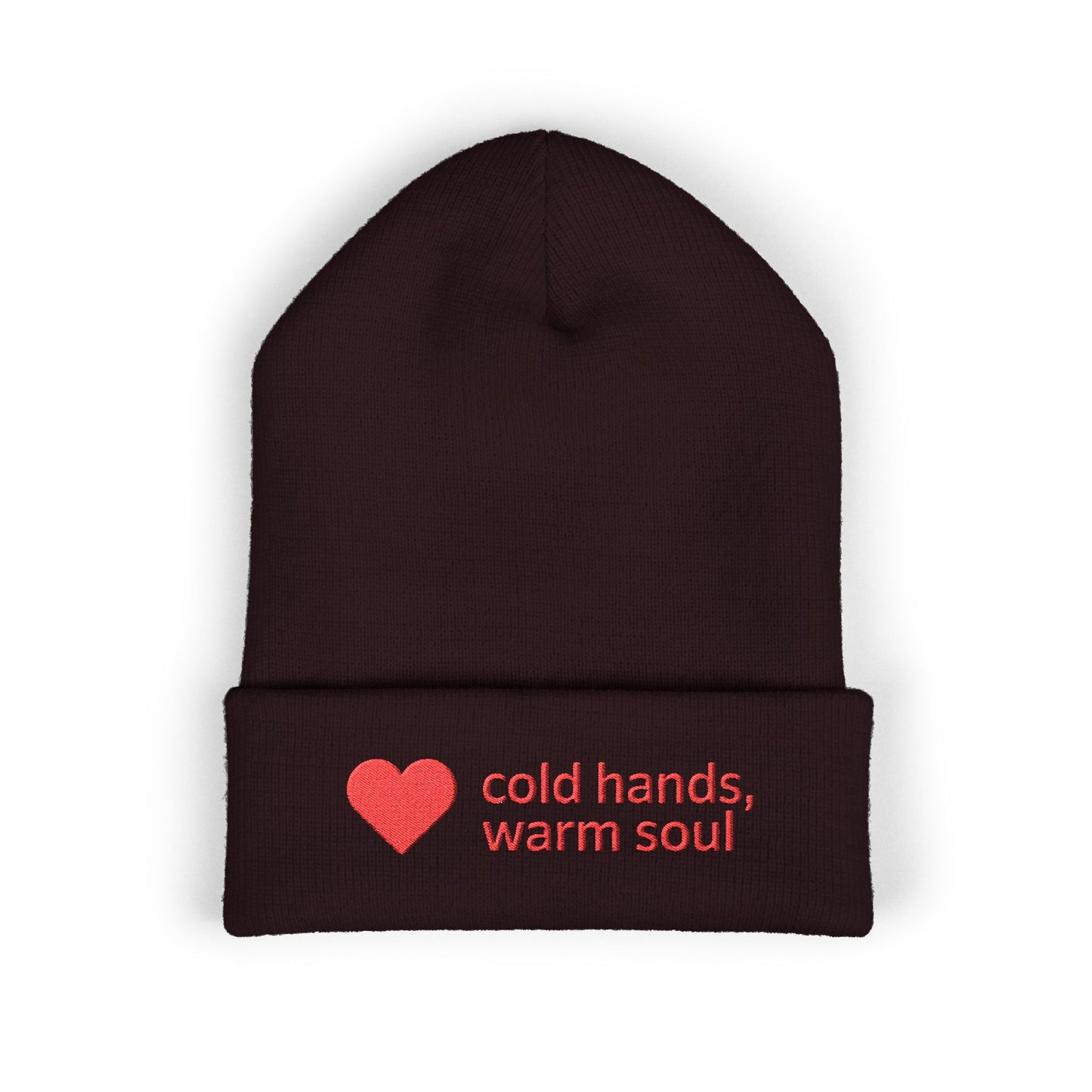 Red heart embroidered beanie for winter outfits with cold hands warm soul design
