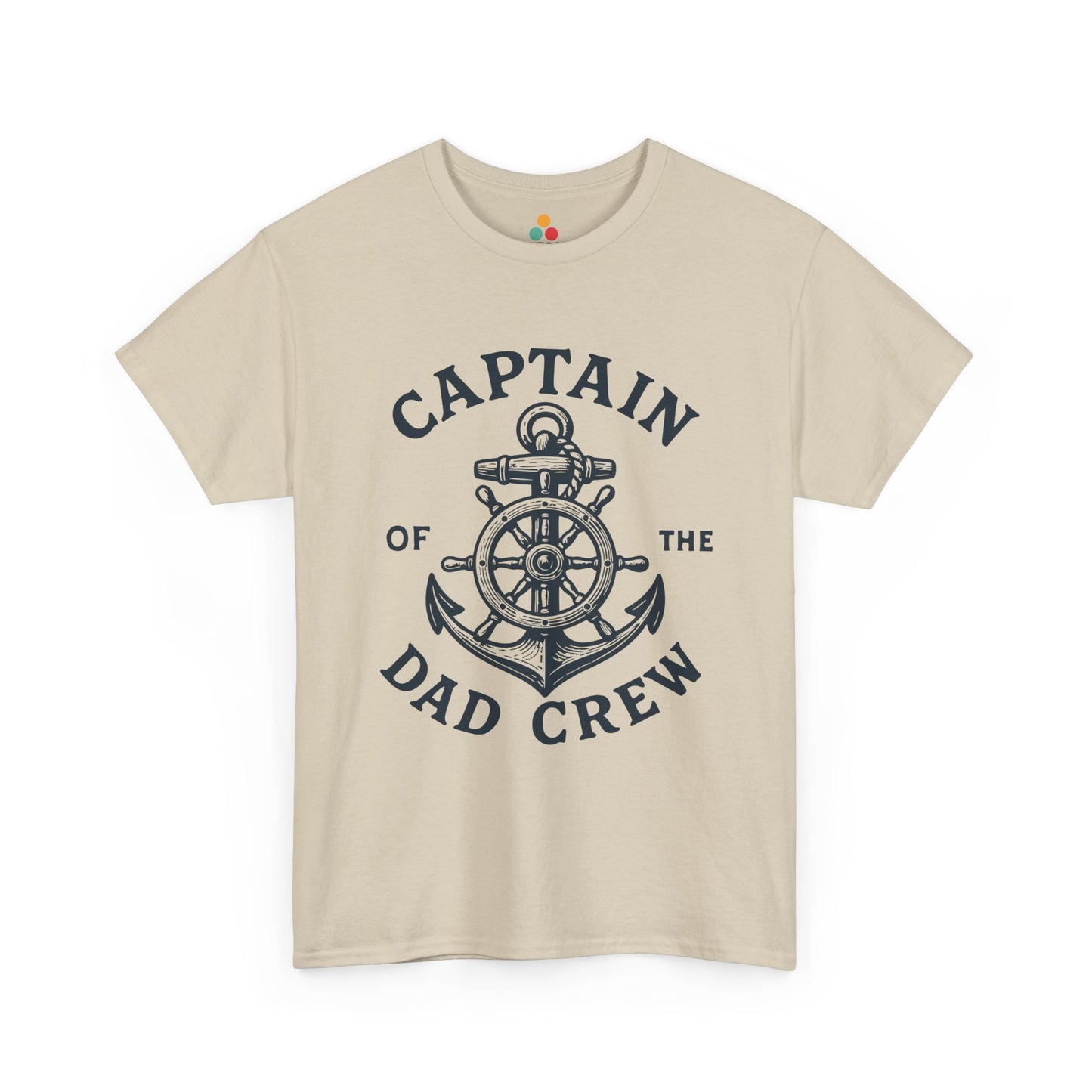 “Teezoca beige Captain of the Dad Crew shirt, nautical anchor and ship wheel design, Father’s Day boat dad tee, front.”

