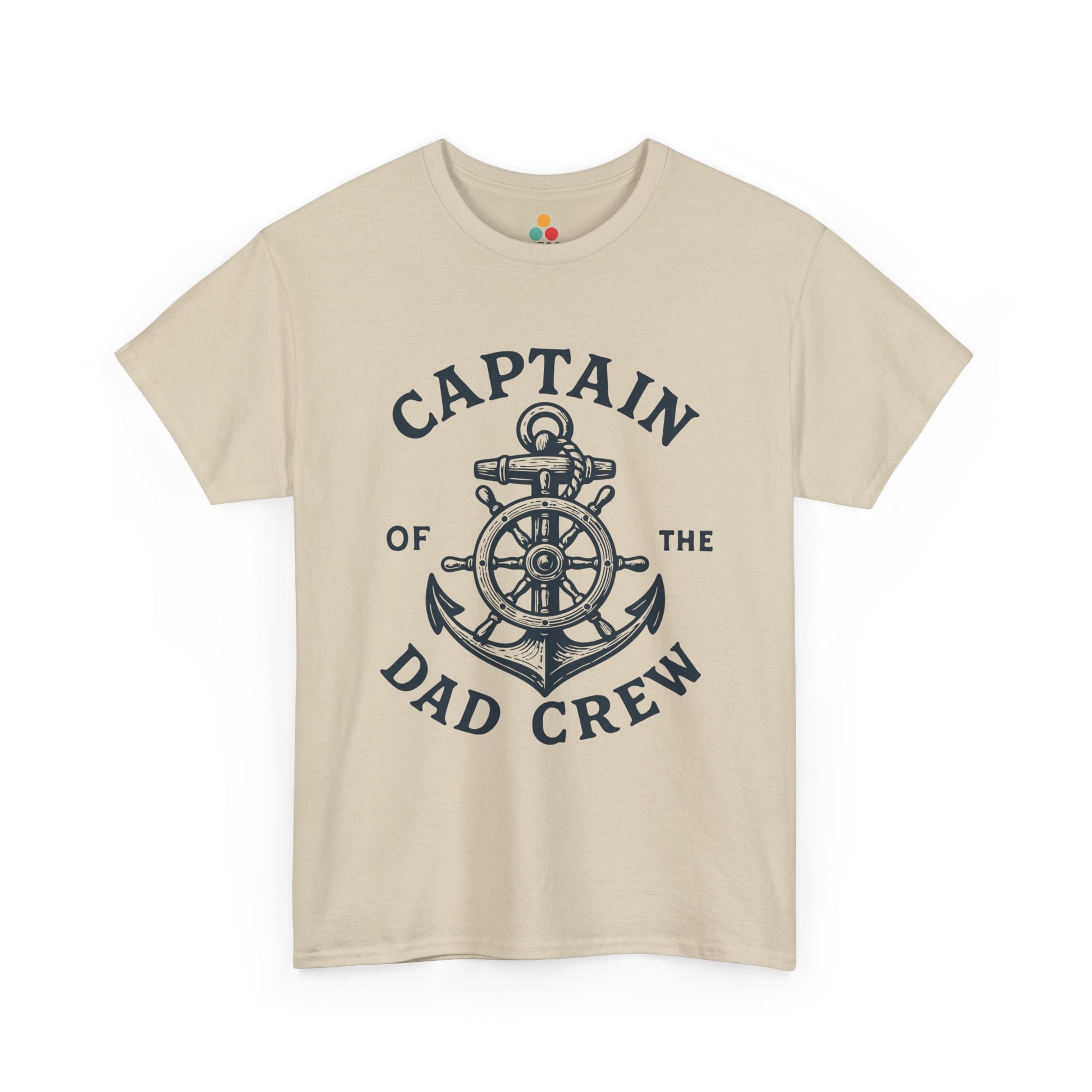 “Teezoca beige Captain of the Dad Crew shirt, nautical anchor and ship wheel design, Father’s Day boat dad tee, front.”

