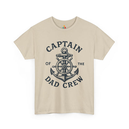“Teezoca beige Captain of the Dad Crew shirt, nautical anchor and ship wheel design, Father’s Day boat dad tee, front.”

