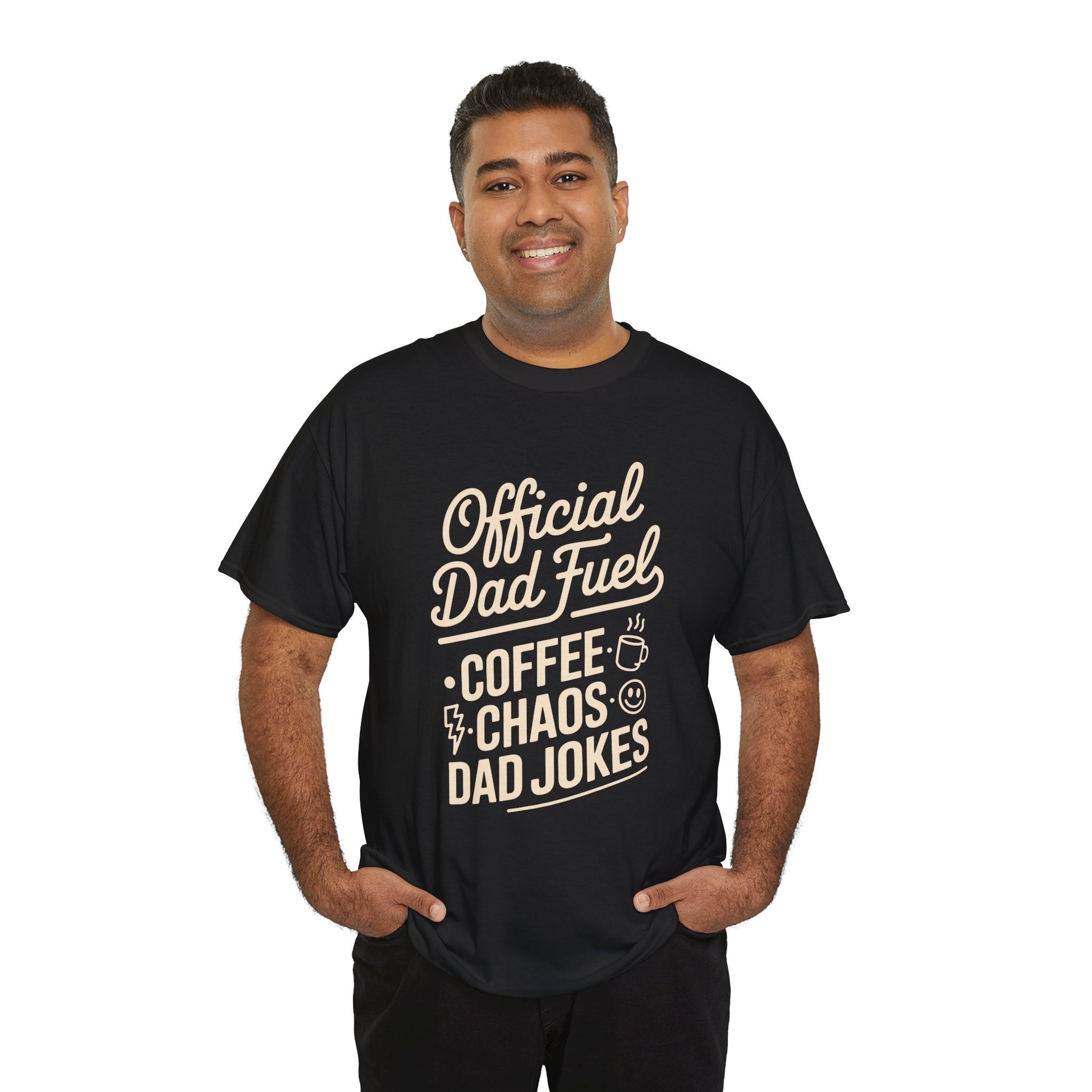 Smiling man wearing a black TEEZOCA “Official Dad Fuel Coffee Chaos Dad Jokes” graphic T‑shirt.