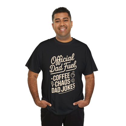 Smiling man wearing a black TEEZOCA “Official Dad Fuel Coffee Chaos Dad Jokes” graphic T‑shirt.