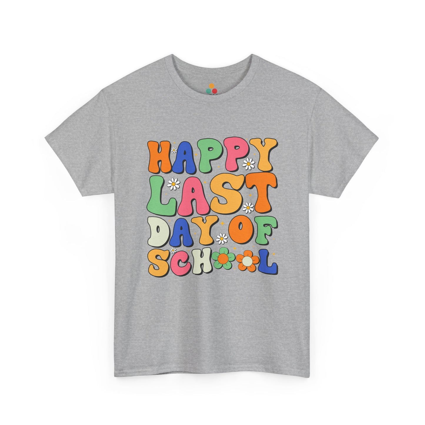 “Teezoca Happy Last Day of School shirt, bright bubble letters and flower accents, Gray tee, flat lay.”


