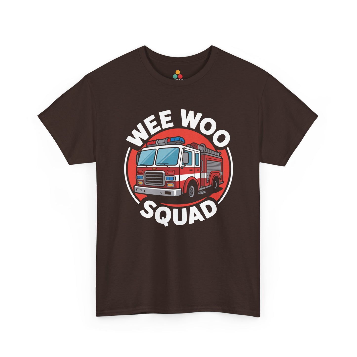 “Teezoca Wee Woo Squad firefighter t-shirt, cute fire engine in red circle, dark brown tee, front view.”


