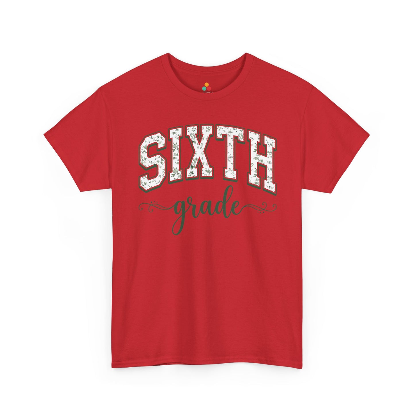 Red t-shirt with 'Sixth grade' text on a white background. TEEZOCA floral back to school t-shirt for sixth grade teachers and staff, an adult tee found on Amazon and Etsy.

