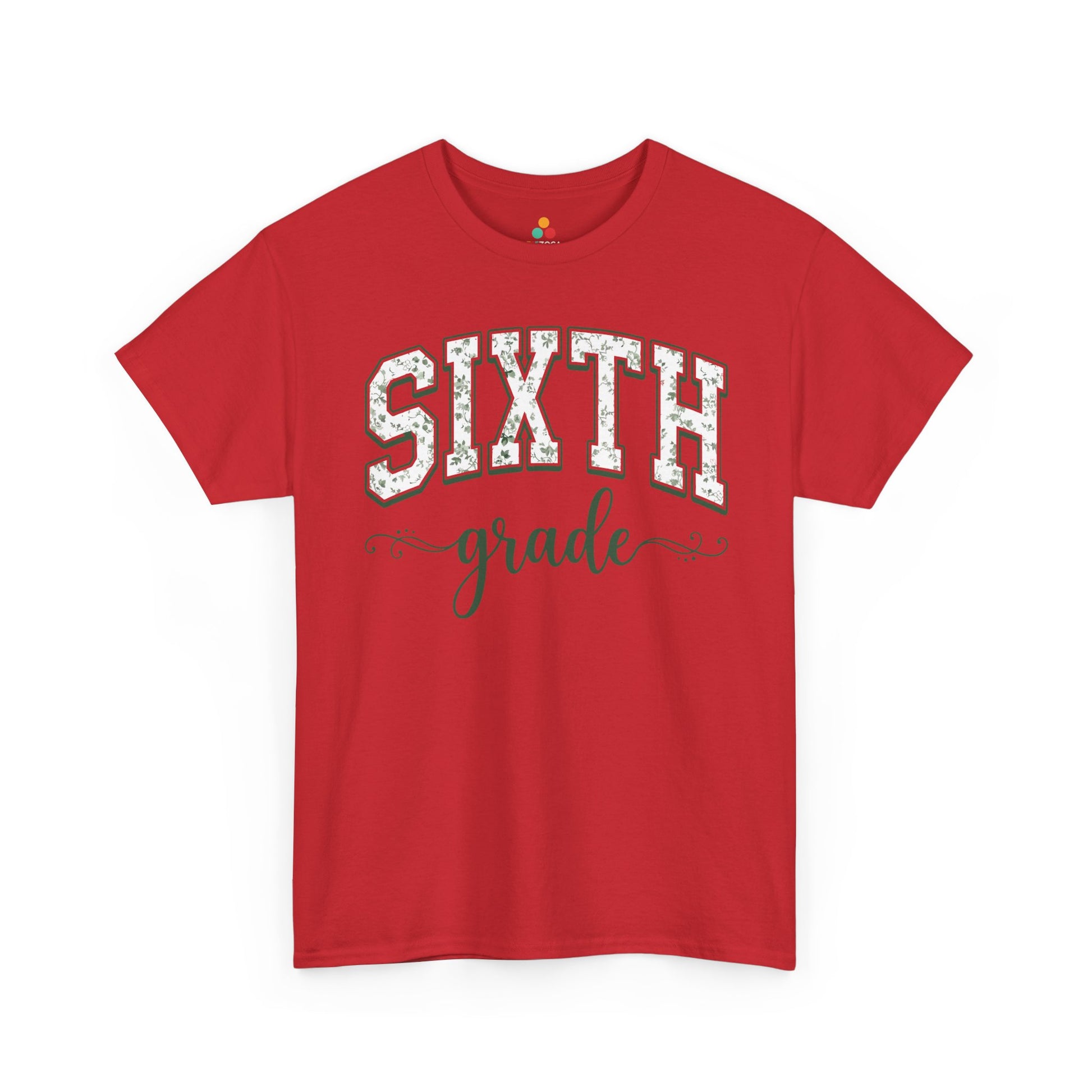 Red t-shirt with 'Sixth grade' text on a white background. TEEZOCA floral back to school t-shirt for sixth grade teachers and staff, an adult tee found on Amazon and Etsy.

