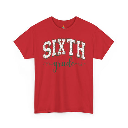 Red t-shirt with 'Sixth grade' text on a white background. TEEZOCA floral back to school t-shirt for sixth grade teachers and staff, an adult tee found on Amazon and Etsy.

