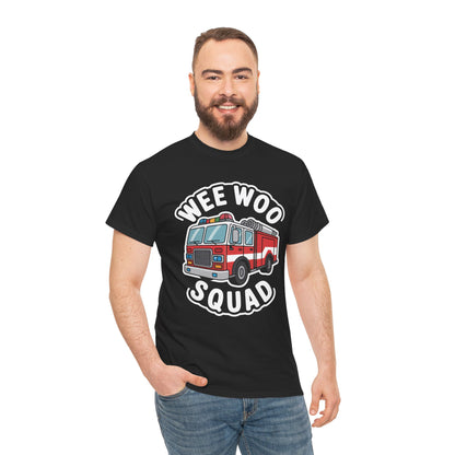 “Male model wearing Teezoca Wee Woo Squad t-shirt, cute firefighter fire truck graphic, black unisex tee, front.”

