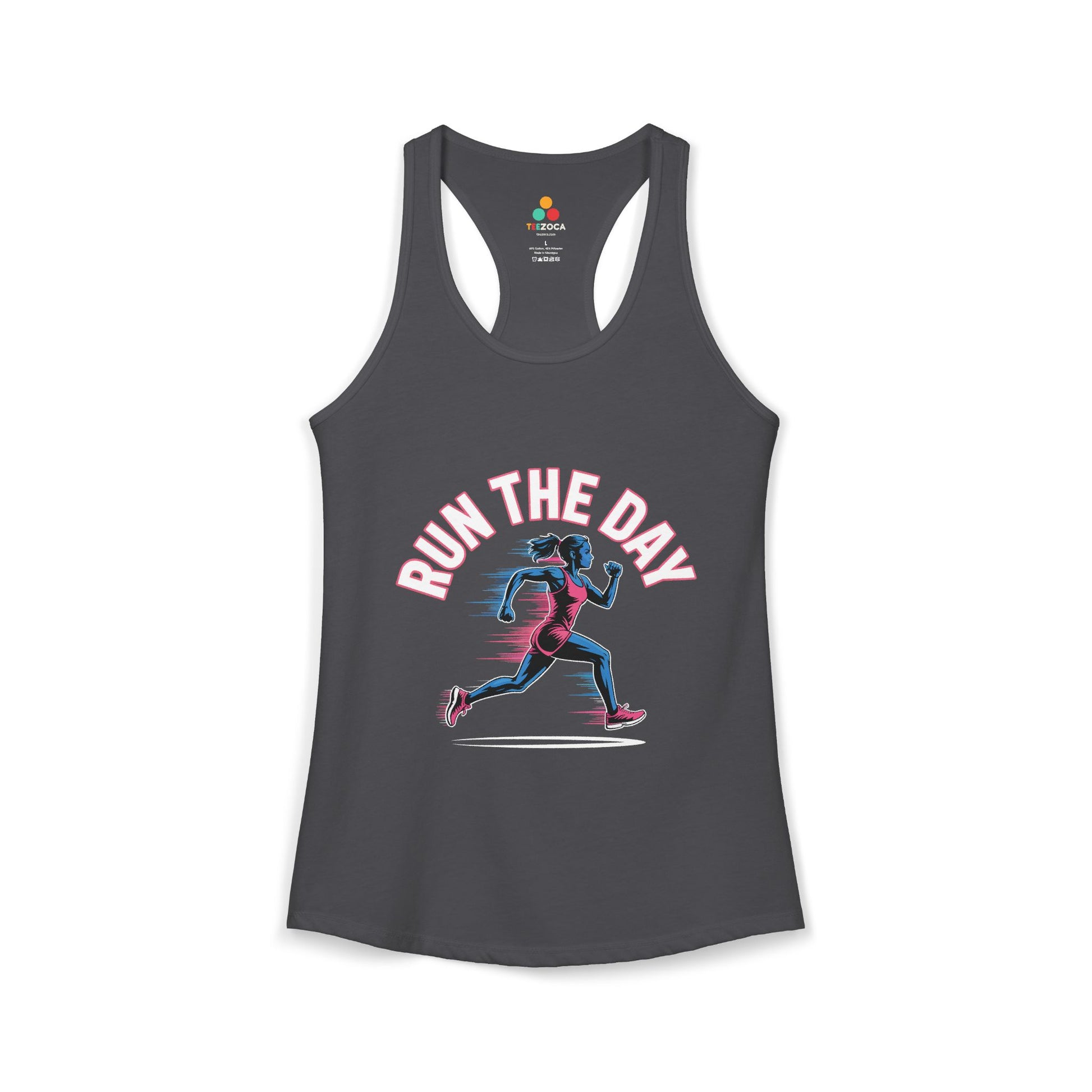 TEEZOCA women’s running tank top with motivational “Run The Day” fitness graphic