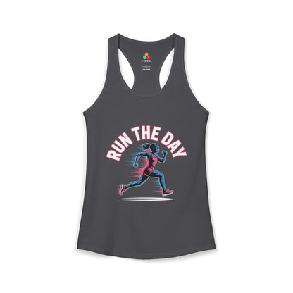 TEEZOCA women’s running tank top with motivational “Run The Day” fitness graphic