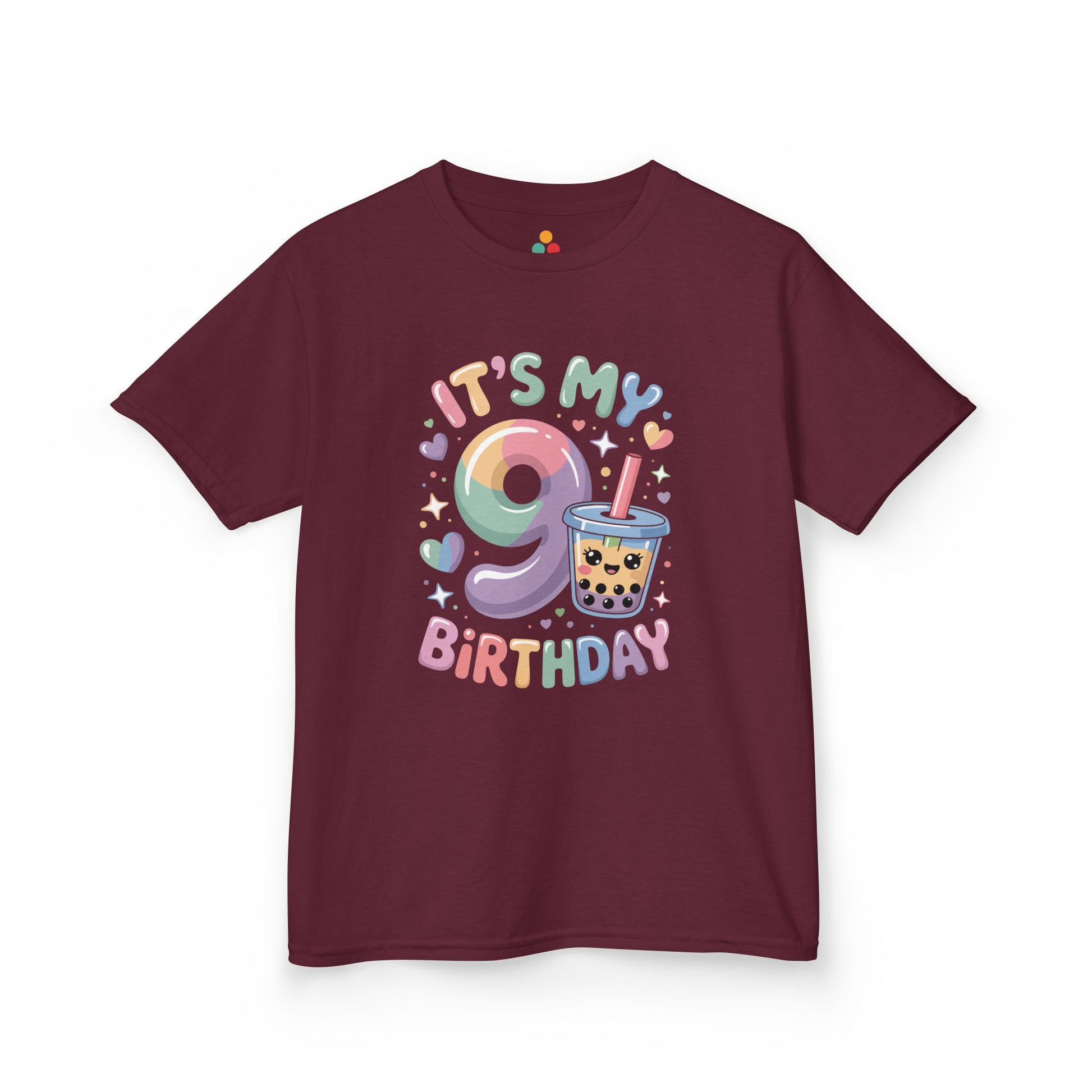 “Maroon kids ‘It’s My 8th Birthday’ shirt, large pink 8 with butterflies and stars, front view.”

