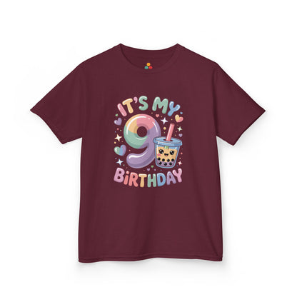 “Maroon kids ‘It’s My 8th Birthday’ shirt, large pink 8 with butterflies and stars, front view.”

