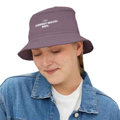 Funny purple bucket hat with 'CURRENT MOOD: MEH.' text on a white background. TEEZOCA