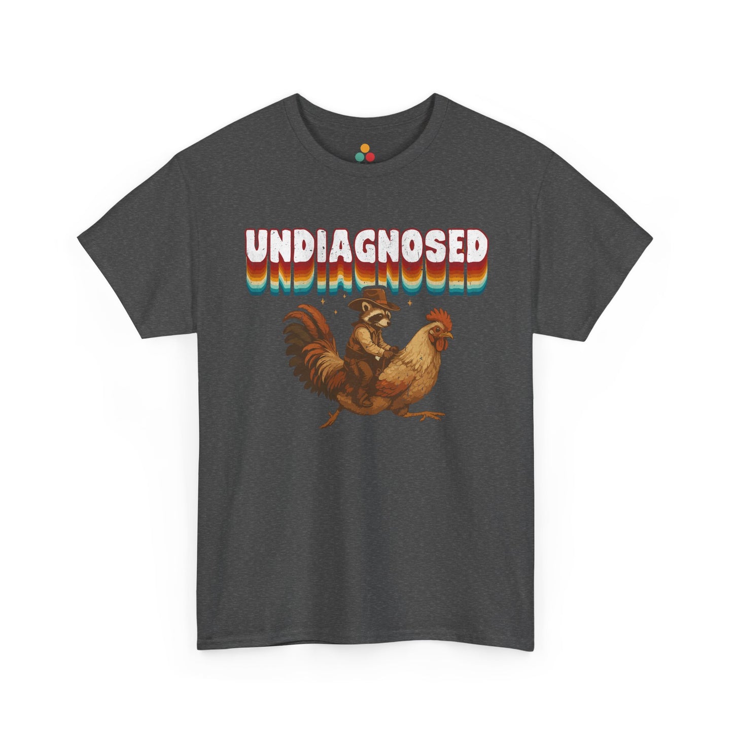 Gray t-shirt with 'undiagnosed' graphic and rooster design on a white background
