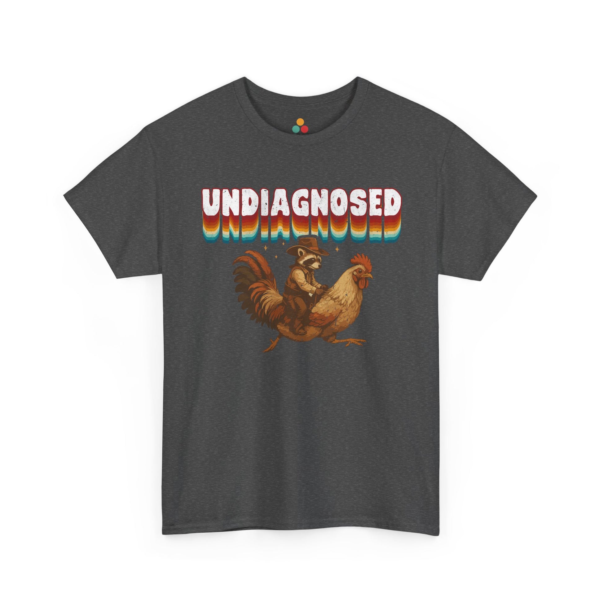 Gray t-shirt with 'undiagnosed' graphic and rooster design on a white background