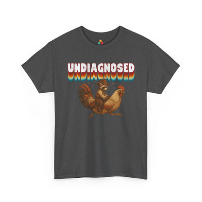 Gray t-shirt with 'undiagnosed' graphic and rooster design on a white background