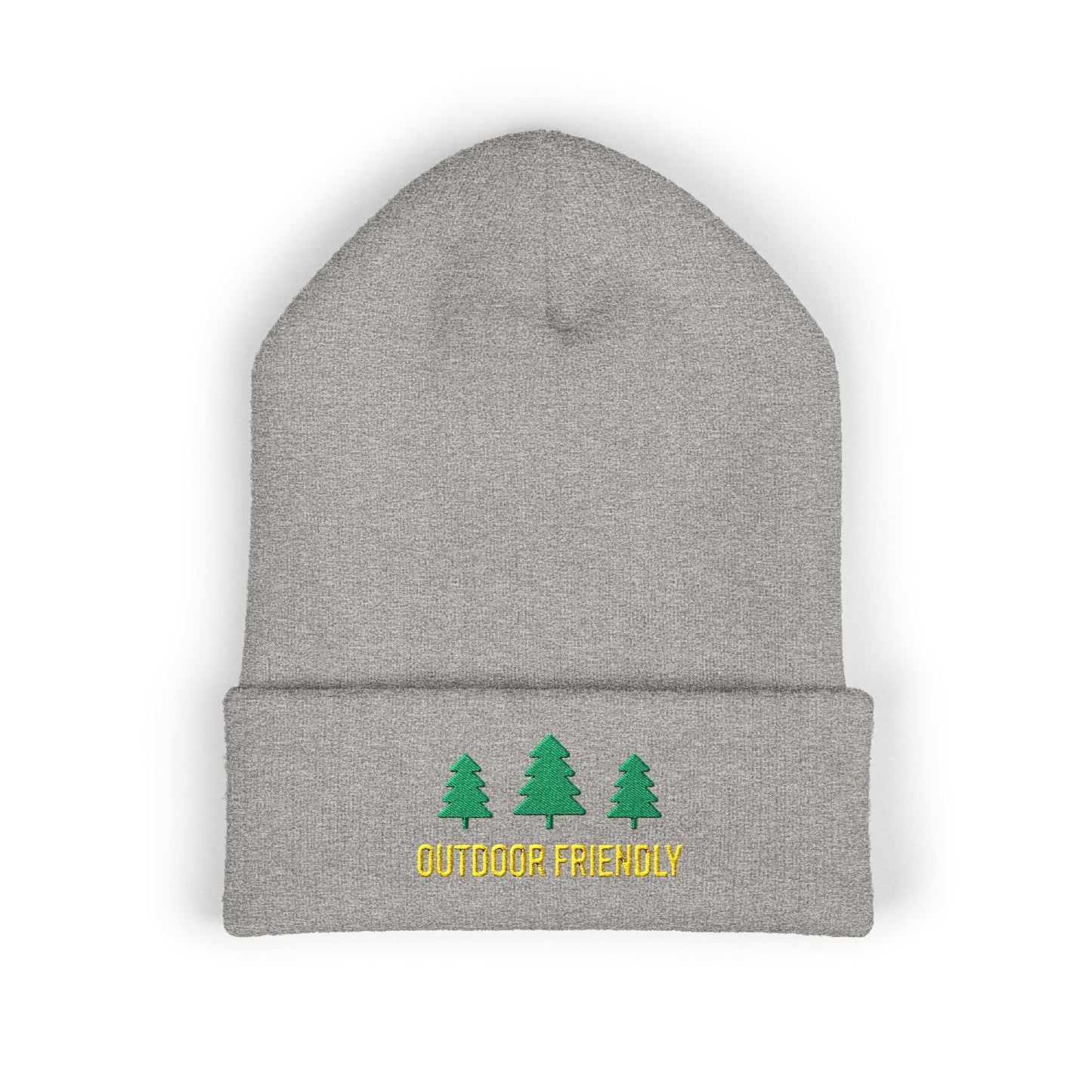 Gray beanie with green trees and 'Outdoor Friendly' text on a white background