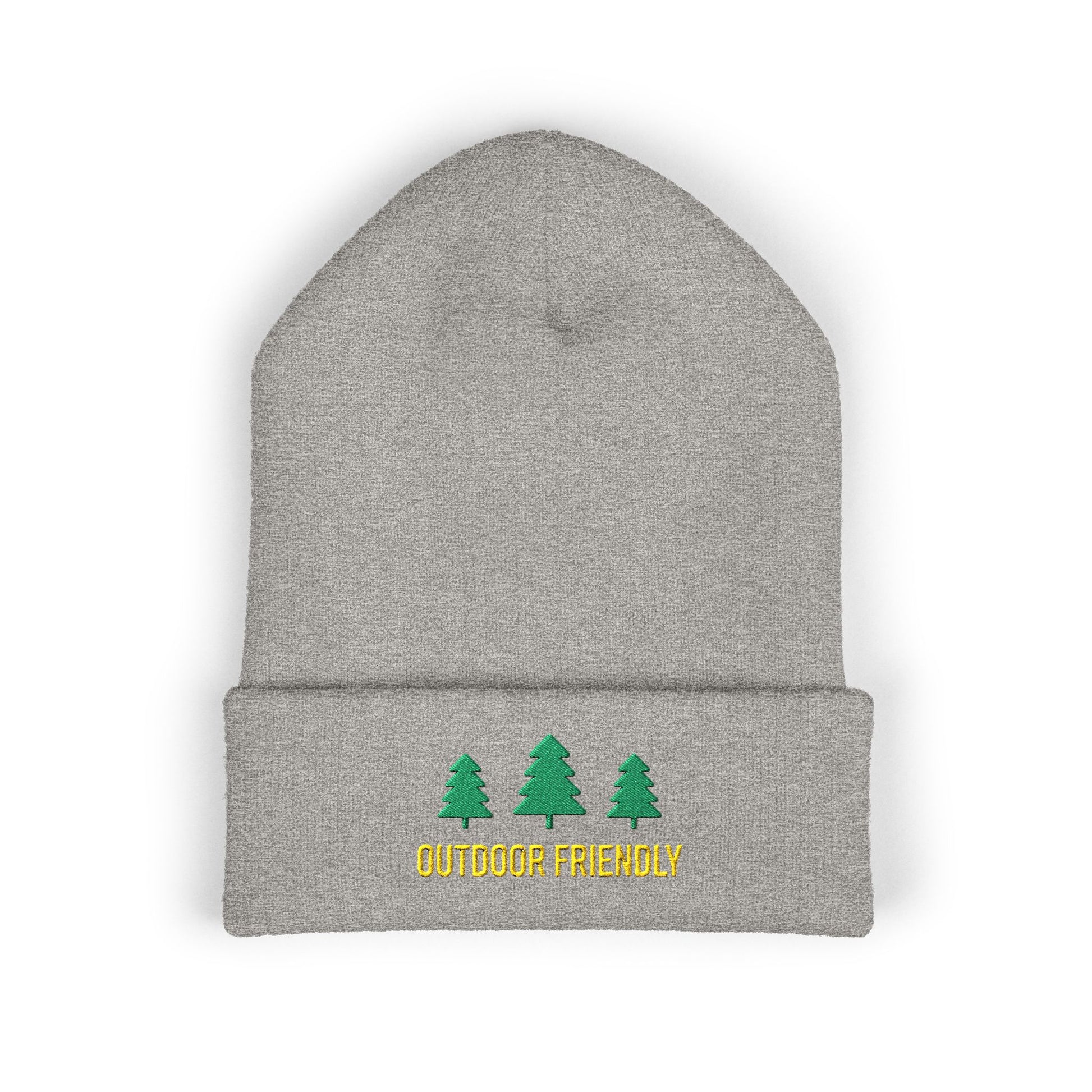 Gray beanie with green trees and 'Outdoor Friendly' text on a white background