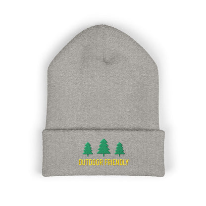 Gray beanie with green trees and 'Outdoor Friendly' text on a white background