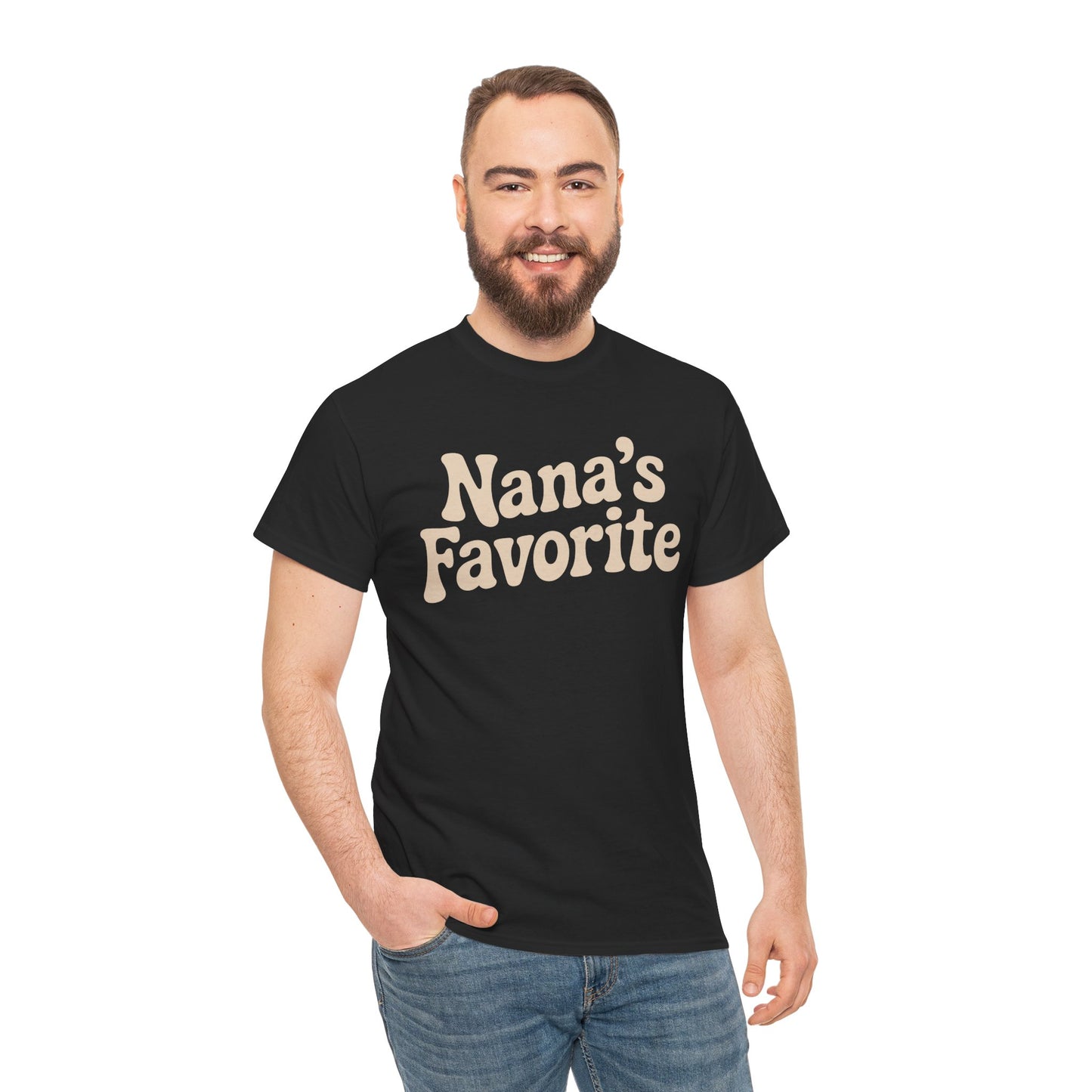 Man wearing a black t-shirt with 'Nana's Favorite' text on a white background