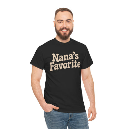 Man wearing a black t-shirt with 'Nana's Favorite' text on a white background