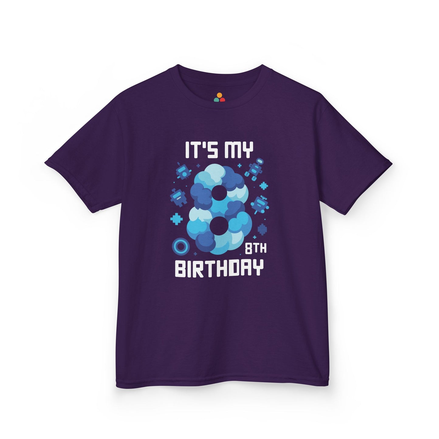 “Purple 8th birthday gaming t‑shirt with blue number 8 and small robots, ‘It’s My 8th Birthday’ text, flat view.”


