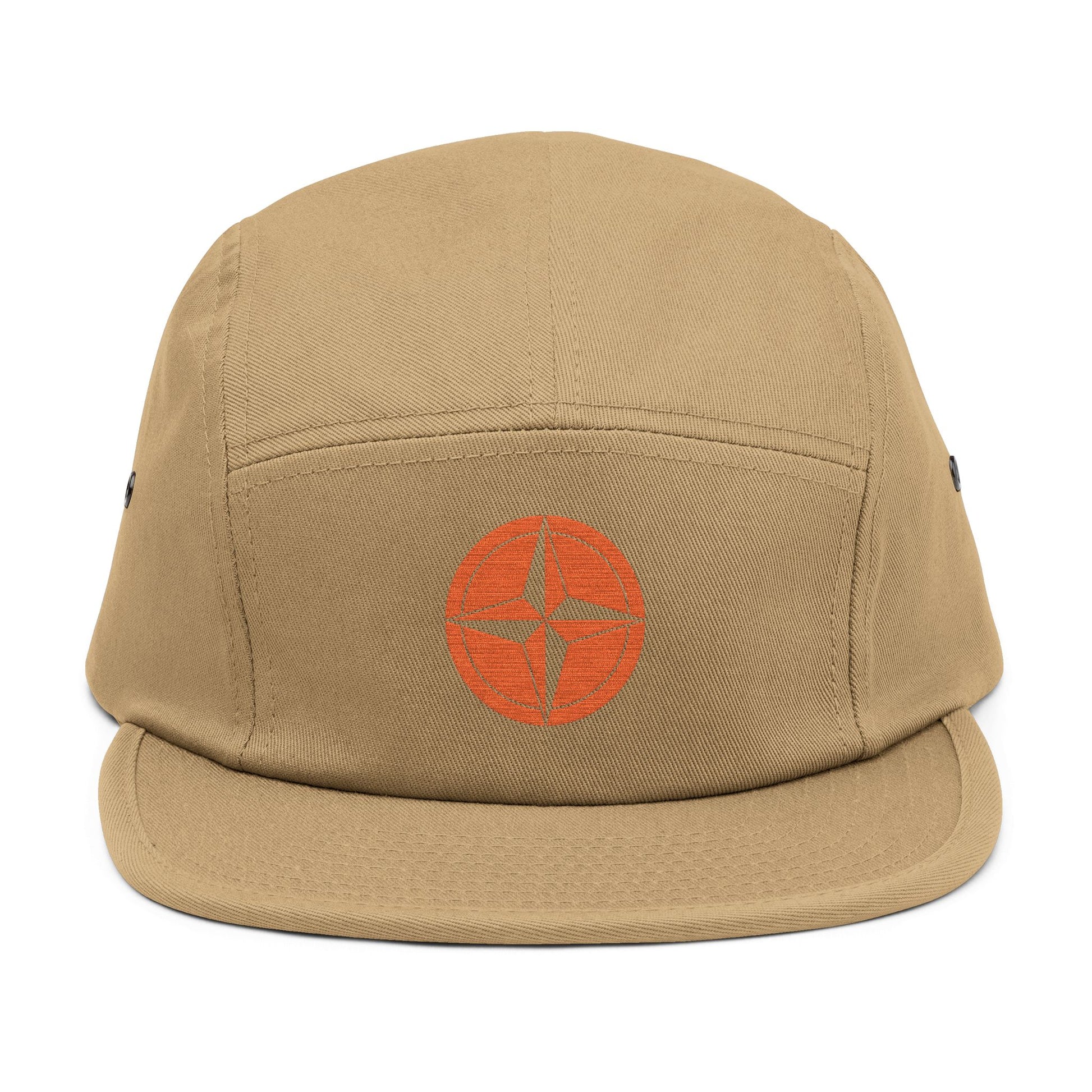 Beige cap with an orange logo on a white background. minimalist compass star icon embroidered design for 5-panel cap by TEEZOCA