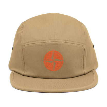 Beige cap with an orange logo on a white background. minimalist compass star icon embroidered design for 5-panel cap by TEEZOCA