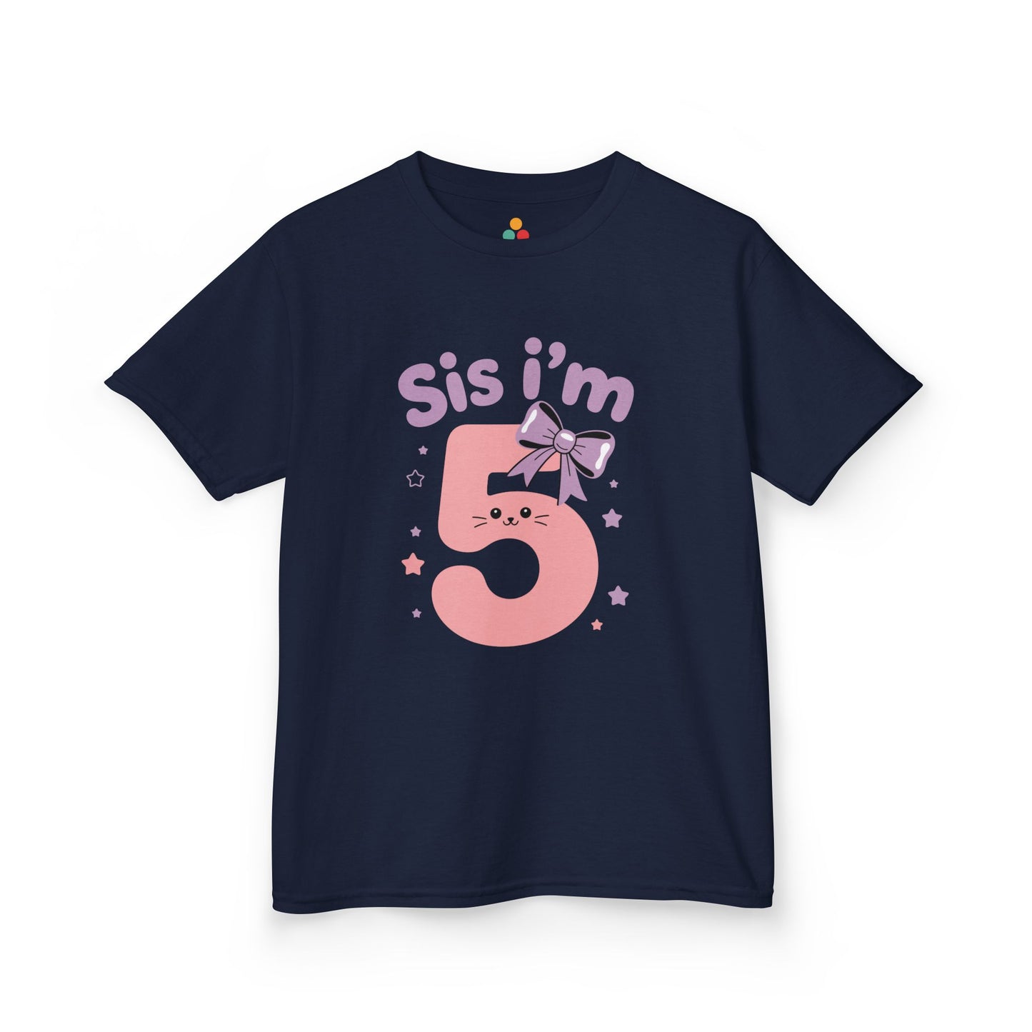 Navy kids’ t‑shirt with pink “Sis I’m 5” kitty face, lilac bow, and pastel stars, flat front view.