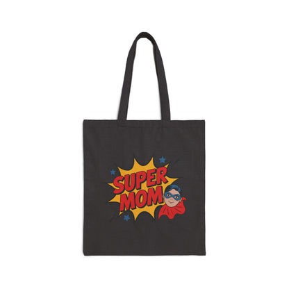 Colorful Super Mom superhero graphic design displayed on a TEEZOCA tote bag