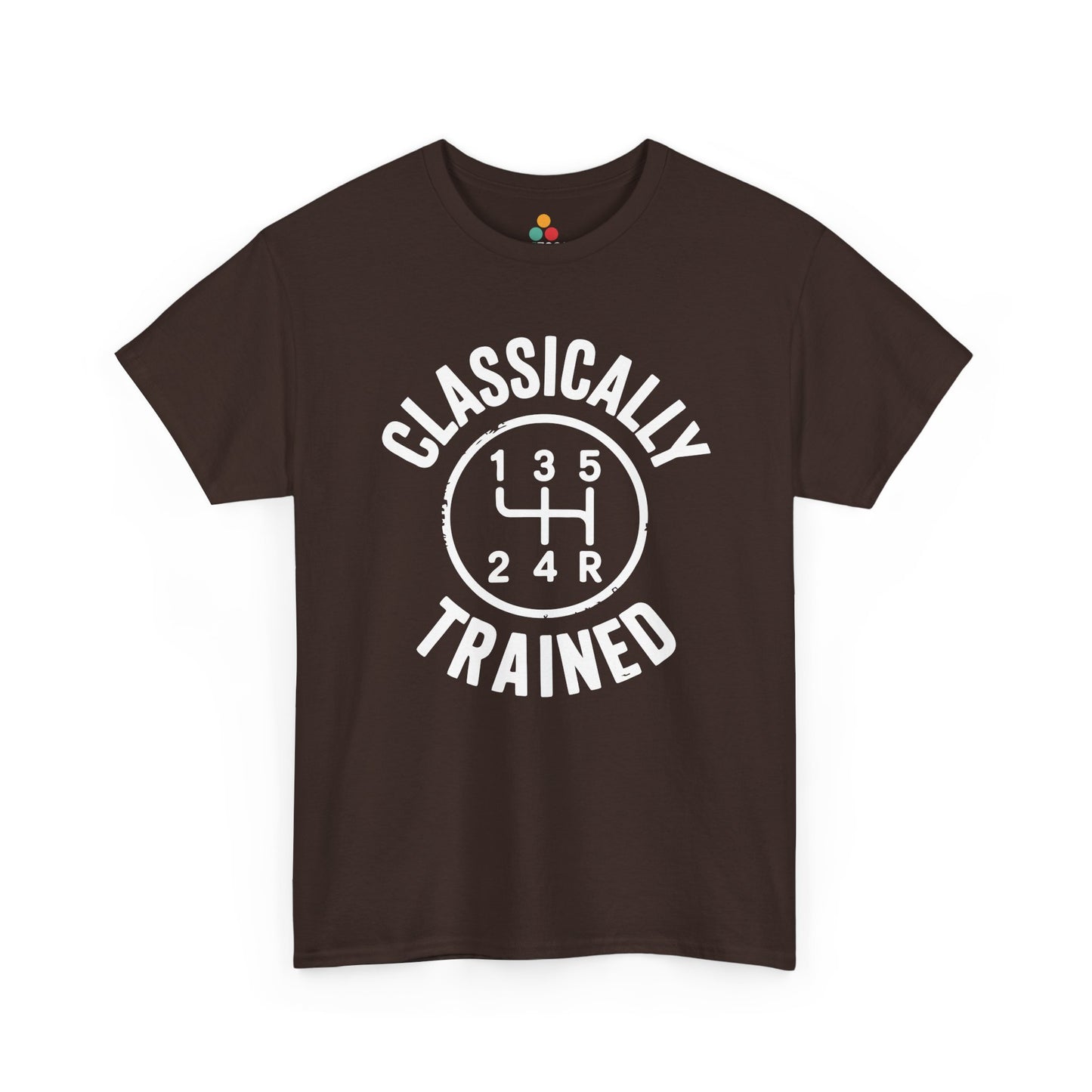 Brown t‑shirt featuring white “Classically Trained” manual shift pattern design, flat front view.