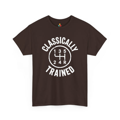 Brown t‑shirt featuring white “Classically Trained” manual shift pattern design, flat front view.