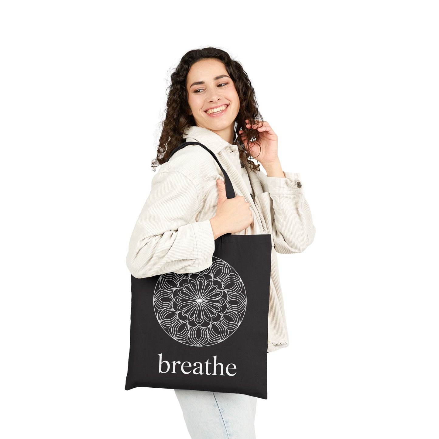 Mindfulness-inspired mandala illustration and breathe lettering on a TEEZOCA tote bag