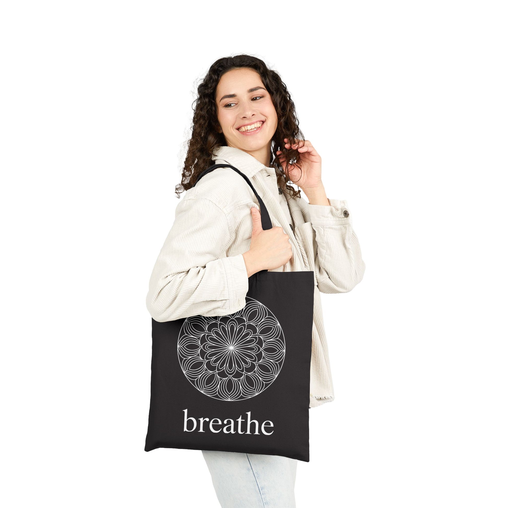 Mindfulness-inspired mandala illustration and breathe lettering on a TEEZOCA tote bag
