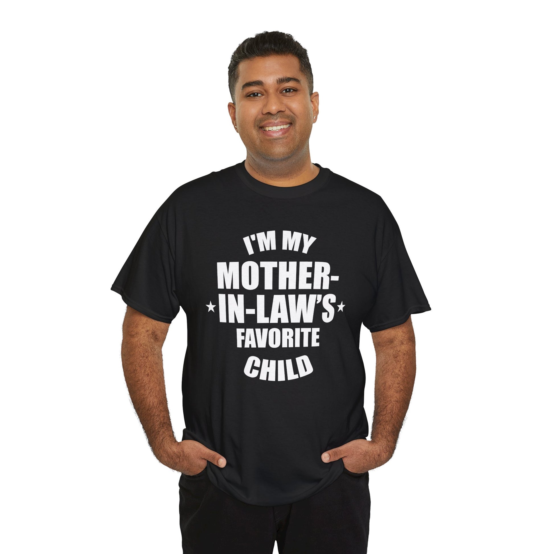 “Man wearing black ‘I’m My Mother‑In‑Law’s Favorite Child’ funny in‑law t‑shirt, standing front view.”

