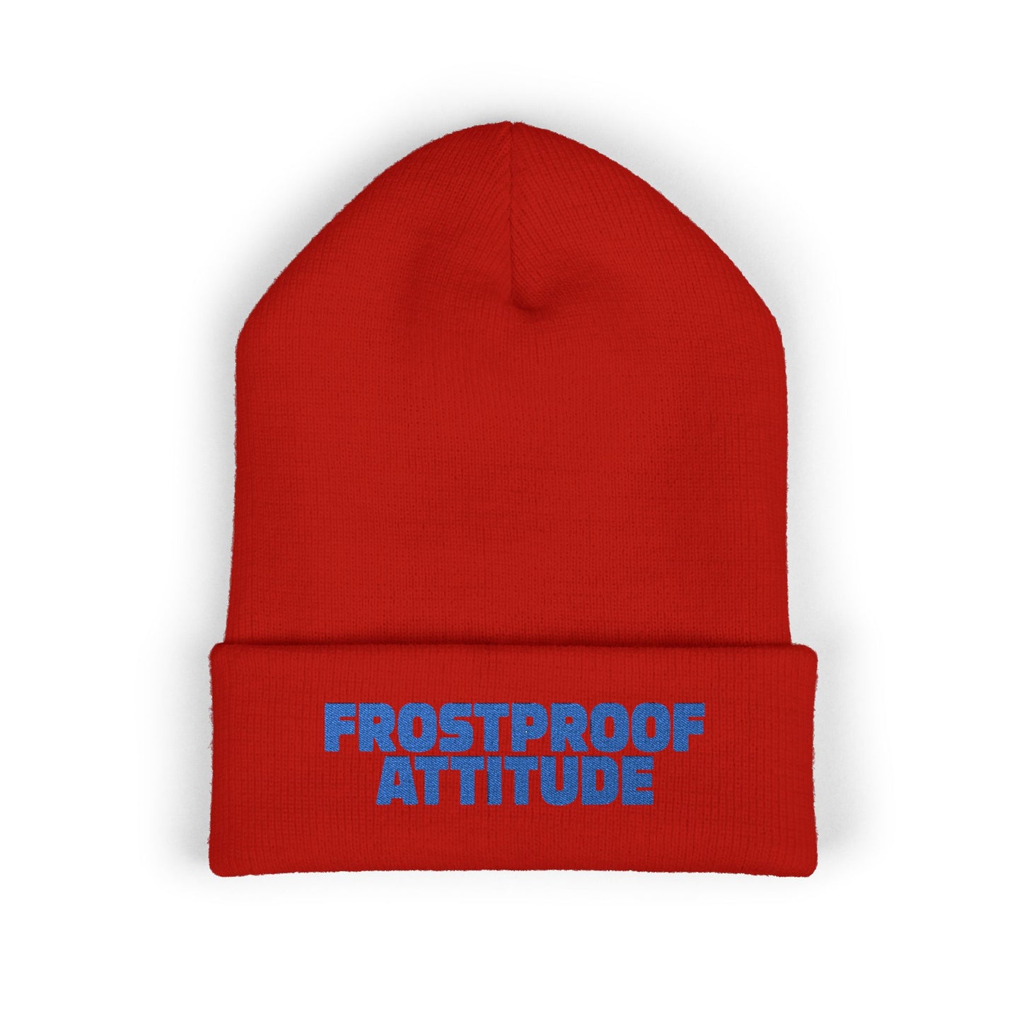 Red beanie with blue text 'Frostproof Attitude' on a white background