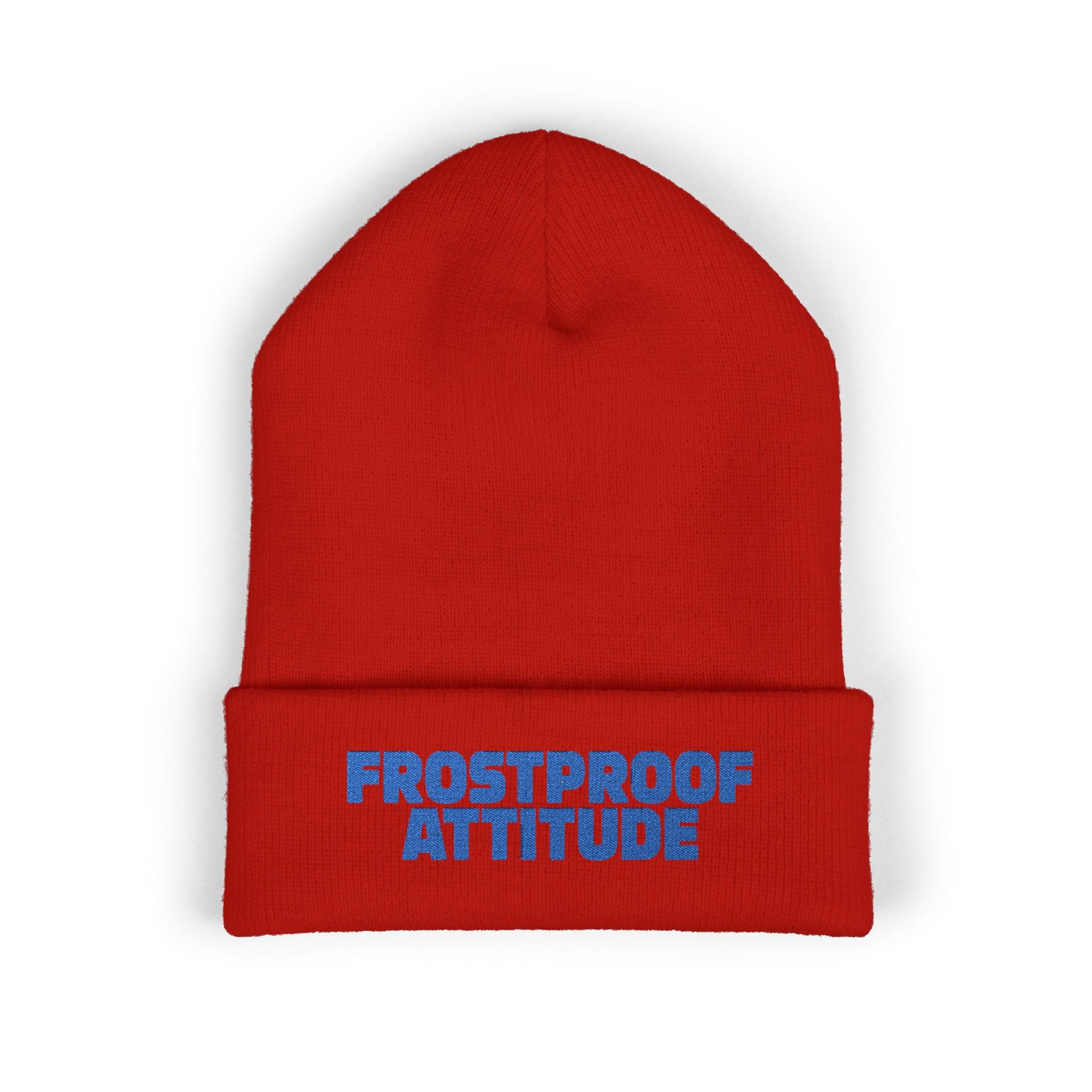 Red beanie with blue text 'Frostproof Attitude' on a white background
