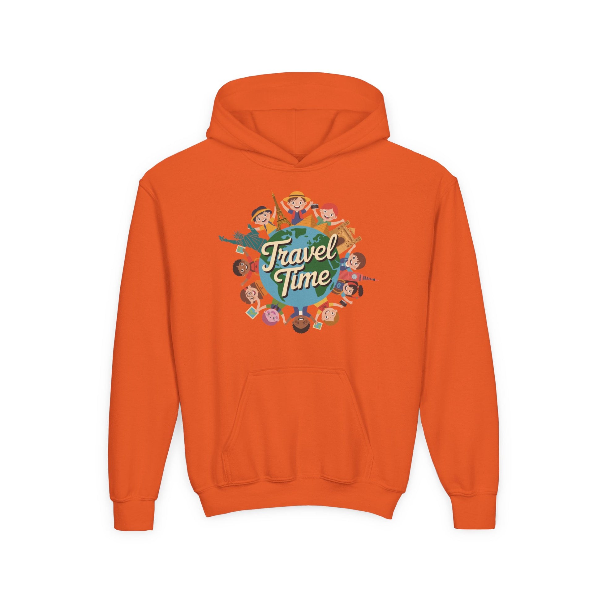 Youth DTG hoodie with cartoon kids exploring the world travel theme TEEZOCA