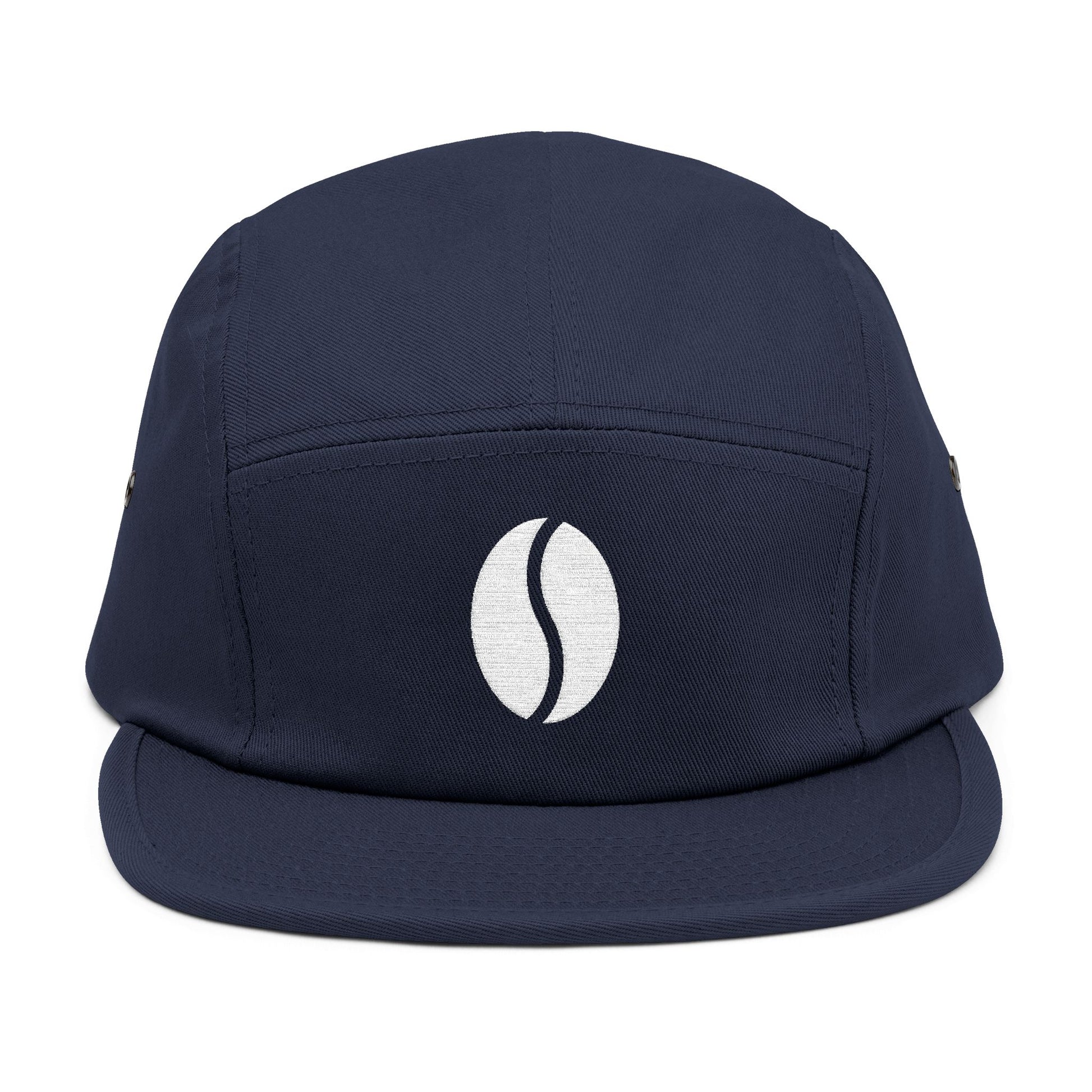 Navy blue cap. Minimal coffee bean embroidery on 5-panel cap. TEEZOCA