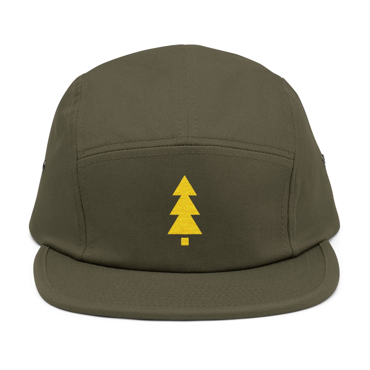 Green cap with a yellow tree logo on a white background. Minimalist geometric Christmas tree embroidery icon in gold.