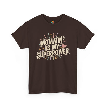 TEEZOCA dark brown "Mommin' Is My Superpower" retro mom graphic t‑shirt displayed flat.