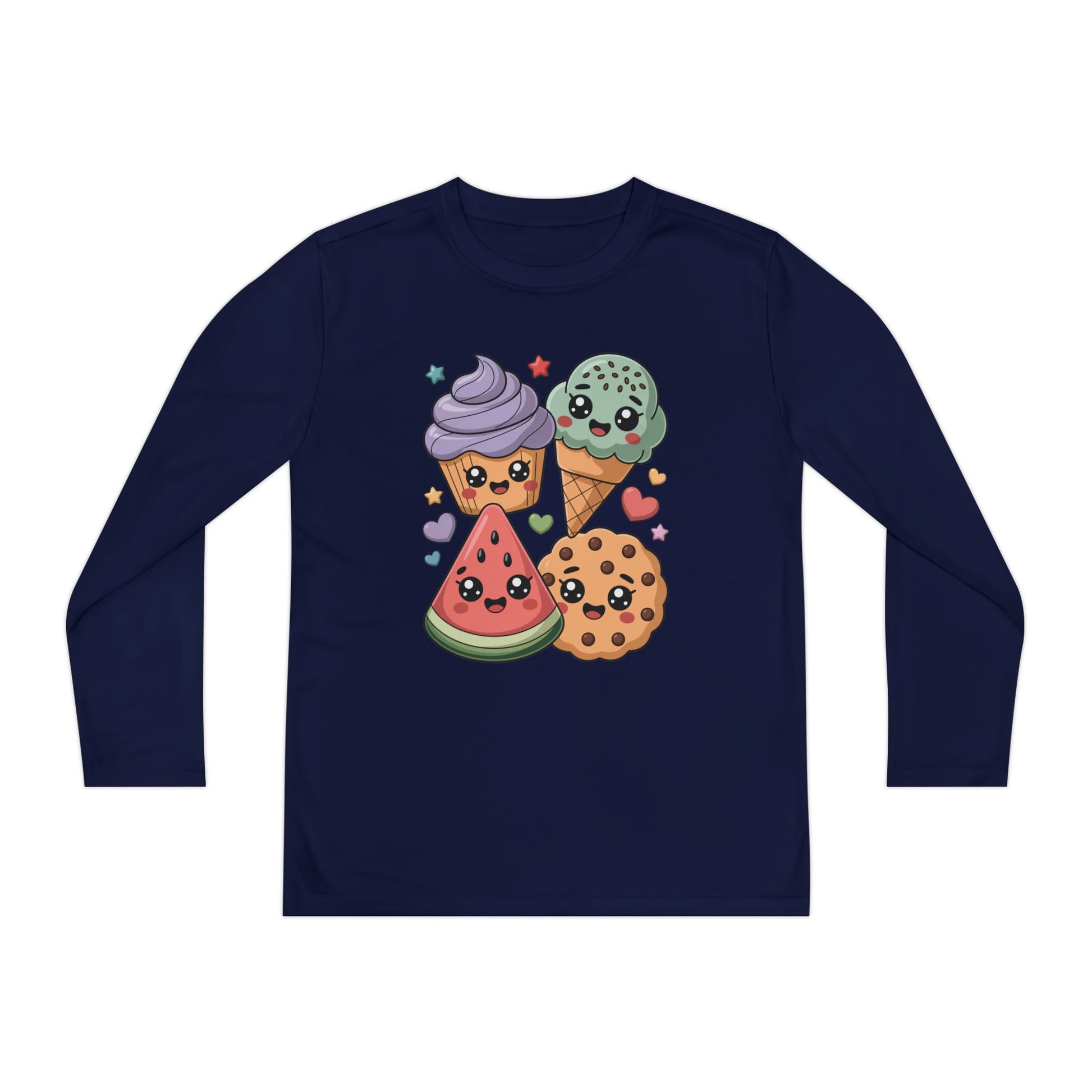 Kids Long Sleeve Tee — Cute Kawaii Snacks: Ice Cream, Cookie & Watermelon Design TEEZOCA