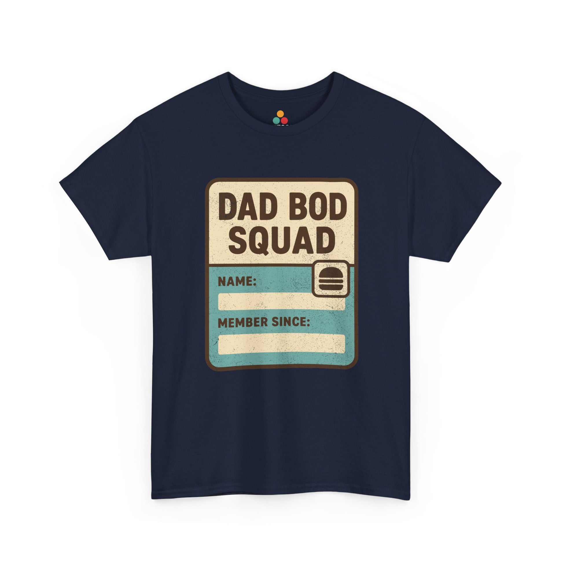 Navy t‑shirt with cream and teal “Dad Bod Squad” badge and burger icon, flat front view