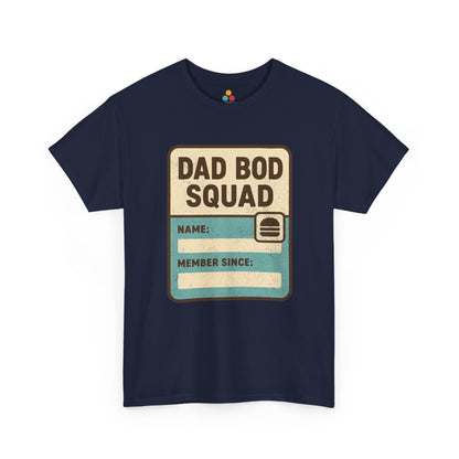 Navy t‑shirt with cream and teal “Dad Bod Squad” badge and burger icon, flat front view