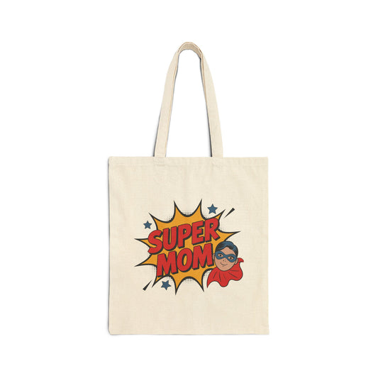 TEEZOCA tote bag with Super Mom comic-style superhero illustration